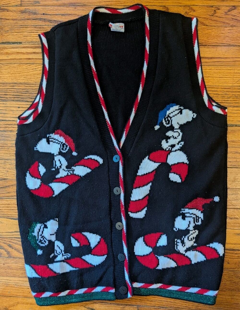 VTG USA 90s Snoopy Christmas Ugly Sweater Vest Peanuts Candy Cane Knit Small
